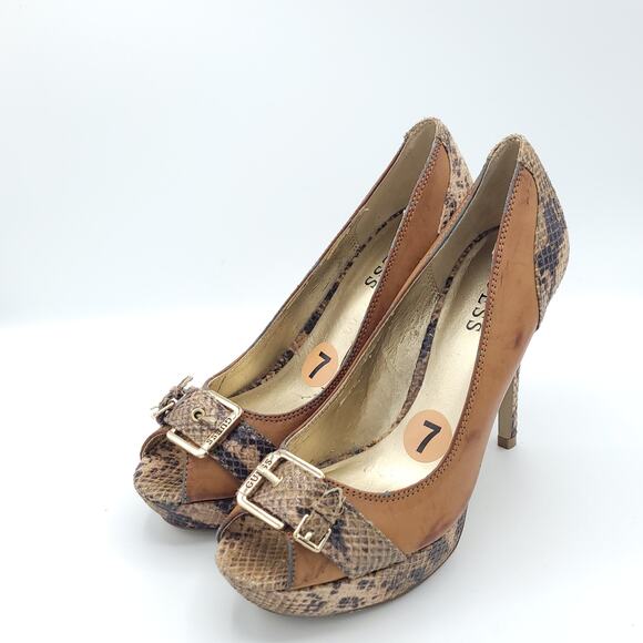 Guess Peep Toe Stiletto 4.5" Heel Snakeskin Tan Gold Buckle women's size 7 - Picture 1 of 9